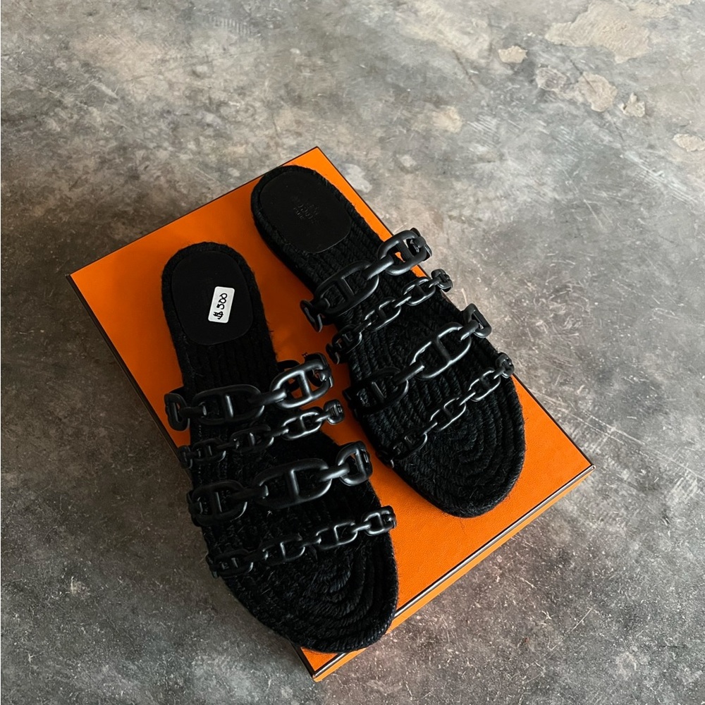 Hermes Black Chain-Link Espadrille Slide Sandals